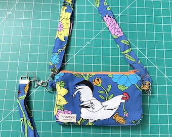 Rooster Double Zip Crossbody Clutch – Upcycled Bold Floral Wristlet Shoulder Bag Handmade Maximalist