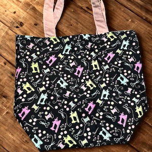 Craft Lover Tote Bag – Handmade Fabric Bag with Pastel Sewing Machine Print | Large Carry-All with Interior Pockets. Craft supplies bag