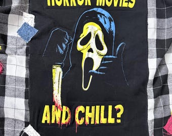 Camisa de franela de película de terror, camiseta gráfica reciclada, patchwork, fan del slasher, espeluznante, grunge, a cuadros.