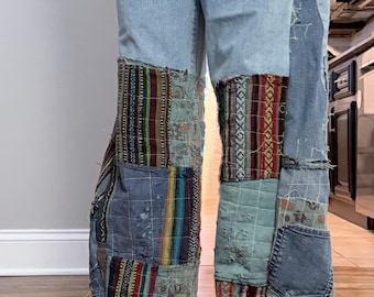 Upcycled Patchwork Denim Pants – Gender Neutral Asymmetrical Artwear Jeans