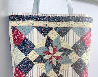 Quilted Star Medallion  Patchwork Upcycled Tote Bag – Shoulder Purse Cottagecore Farmhouse Market Carryall