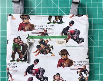 Bolsa para silla de ruedas de mezclilla reciclada – Funda para andador hecha a mano, accesorio de movilidad con estampado de fútbol vintage