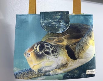 Sea Turtle Tote Bag – Ocean Shoulder Purse Handmade Upcycled Fabric Beach Lover Marine Life