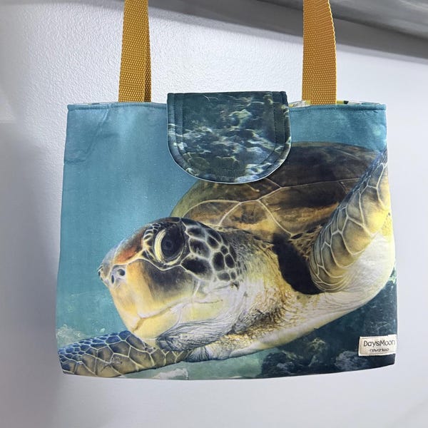 Sea Turtle Tote Bag – Ocean Shoulder Purse Handmade Upcycled Fabric Beach Lover Marine Life