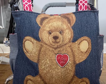 Upcycled Handmade Denim Wheelchair & Shoulder Bag | Teddy Bear Tote | Rollator Accessory | Mobility Aid Organizer