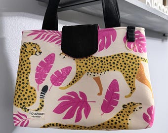 Bolso mini tote con estampado de guepardo, bolso tropical con asa superior de hojas de palma recicladas, estilo Y2K, para amantes de los animales.