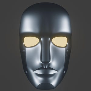 Puede incluir: Una máscara de robot plateada con ojos amarillos brillantes. La máscara tiene una cara humana con una nariz, boca y barbilla definidas.