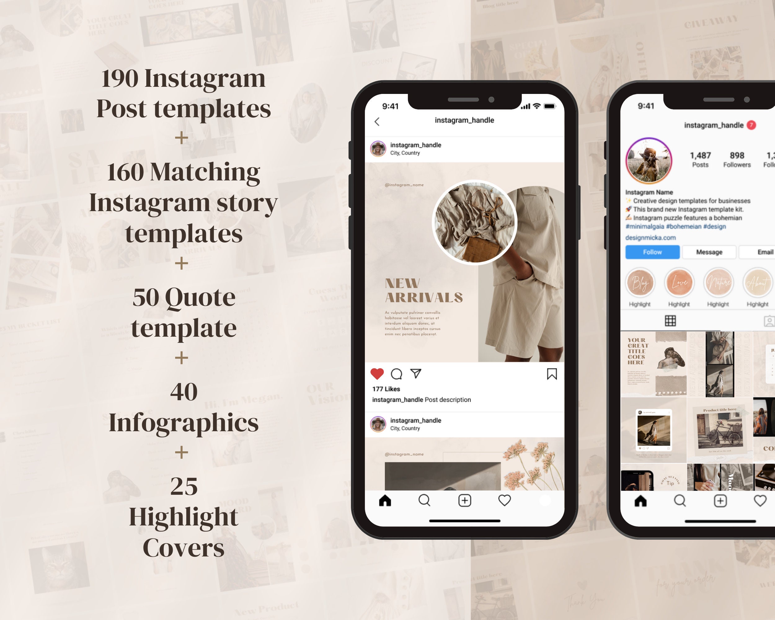 460 Vintage Boho Instagram Templates Kit Designed With Canva Beige