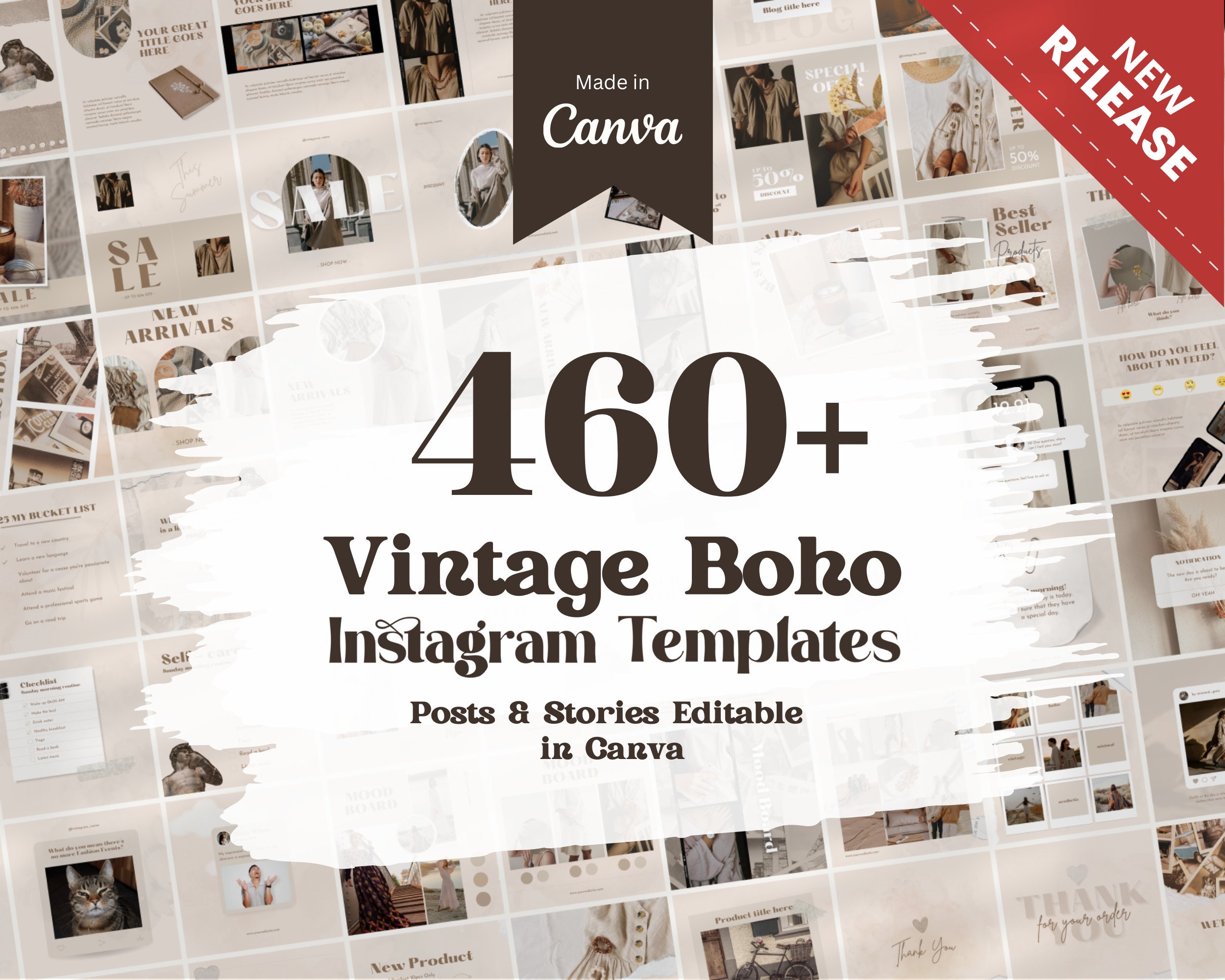 460 Vintage Boho Instagram Templates Kit Designed With Canva Beige