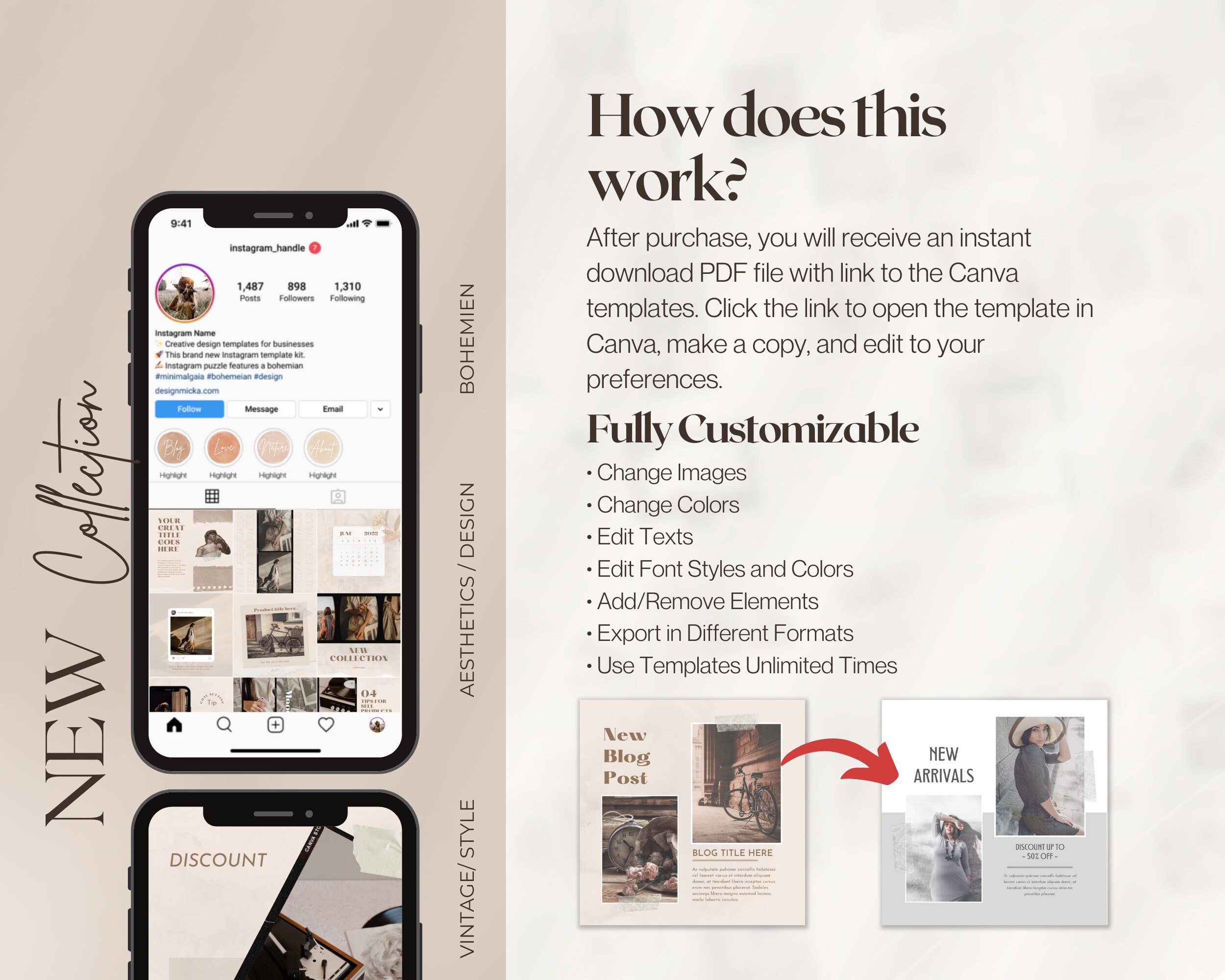460 Vintage Boho Instagram Templates Kit Designed With Canva Beige