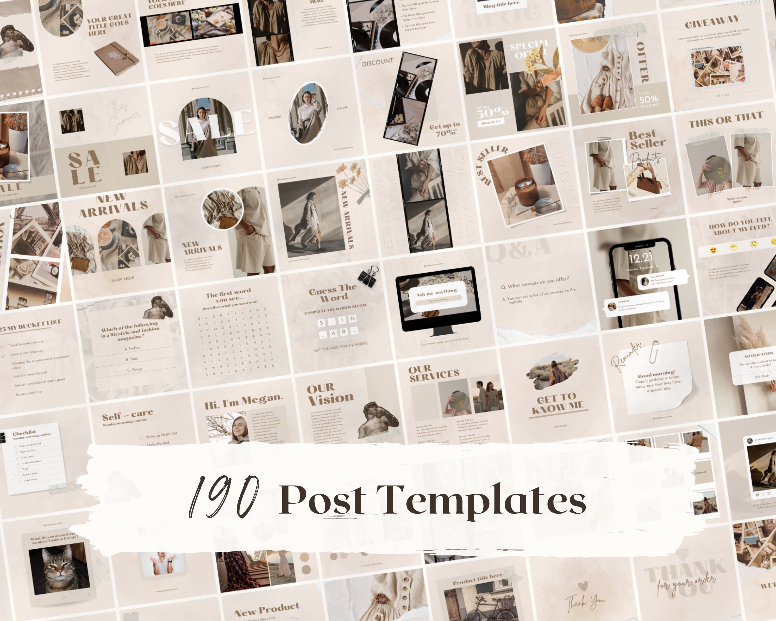 460 Vintage Boho Instagram Templates Kit Designed With Canva Beige