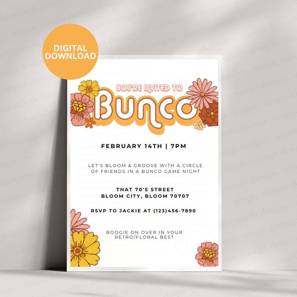 Groovy Bunco Invitation | Digital Printable Floral Bunco Invite | Bunco Girls Party Invitation | Digital Bunco Groovy Invitation