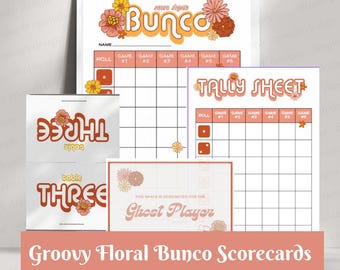 Groovy Floral Bunco Cards | Digital Printable Groovy Floral Bunco Cards | Digital Bunco Cards Tally Sheet Rules Table Scorecards | 6 Games