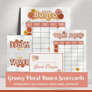 Groovy Floral Bunco Cards | Cartões Groovy Floral Bunco para impressão digital | Regras de cartas Bunco digitais, tabela de pontuação | Jogo dos anos 70