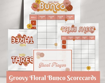 Groovy Floral Bunco Cards | Digital Printable Groovy Floral Bunco Cards | Digital Bunco Cards Tally Sheet Rules Table Scorecards | 70's Game