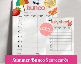 Summer Bunco Scorecards | Sunny Bunco Cards | Digital Printable Bunco Cards | Digital Bunco Cards Tally Sheet Rules Scorecards (4 Games)