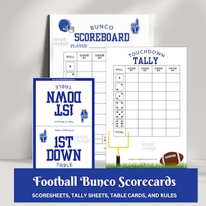 Football Bunco Cards | Downloadable Bunco Cards | Digital Bunco Cards Tally Sheet Rules Table Scorecards | Printable Bunco Scoresheets