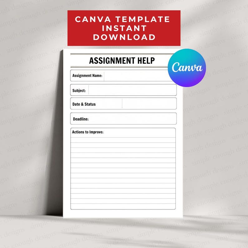 May include: A white digital assignment help template with black text and lines. The header reads Assignment Help, followed by fields for Assignment Name, Subject, Date & Status, Deadline, and a large section for Actions to Improve with lined space.