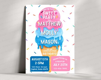 Icecream Birthday Party Invite | Ice Cream Birthday Invitation Invite | Boy Girl Party | Multi Kid Birthday Invite | Blue Pink Invitation