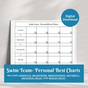 Può includere: Grafici stampabili dei migliori tempi personali per la squadra di nuoto per stile libero, dorso, rana, farfalla, staffetta individuale e staffetta mista. Il grafico ha spazi per registrare la data e l'ora di ogni stile.