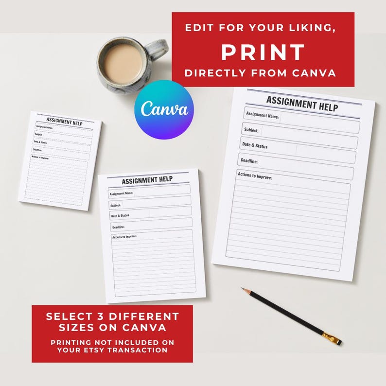May include: Three white paper assignment help templates with black text, featuring fields for assignment name, subject, date, status, deadline, and actions to improve. A grey mug, a black pencil, and a circular Canva logo are also visible.