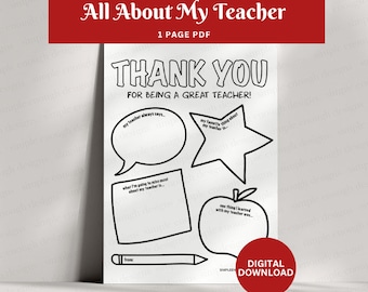 All About My Teacher Printable | Teacher Appreciation Gift | Downloadable Teacher Questions | Teacher Gift | Teacher Appreciation Week