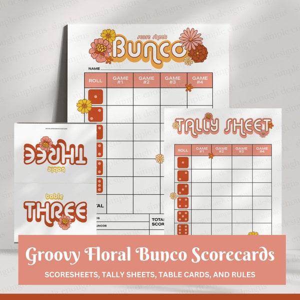 Groovy Floral Bunco Cards | Digital Printable Groovy Floral Bunco Cards | Digital Bunco Cards Tally Sheet Rules Table Scorecards | 70's Game