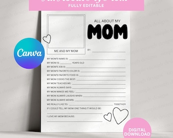 All About My Mom | Editable Mother's Day Interview | Mothers Day Questionnaire Preschool | Mom Birthday Gift | Mother's Day Gift