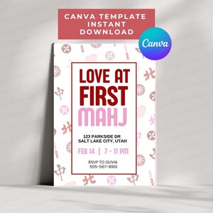 Puede incluir: Una invitaci&oacute;n blanca con el texto "LOVE AT FIRST MAHJ" en rojo y rosa. La invitaci&oacute;n incluye detalles del evento: fecha, hora y lugar en Salt Lake City, Utah. El dise&ntilde;o presenta caracteres chinos y elementos decorativos.