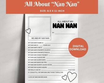 All About My Nan Nan Printable | Nan Nan Questionnaire | Nan nan Questionnaire | All About My Nan Nan Interview | Gift for Nan Nan