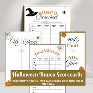Cartes de pointage Halloween Bunco | Cartes Bunco d&#39;Halloween imprimables numériques | Digital Bunco Cards Feuille de pointage Tableau des règles Cartes de pointage | Bunco d&#39;automne