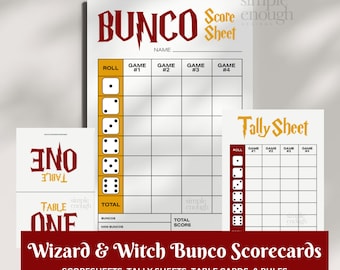 Witch Wizard Bunco Cards | Digital Printable Bunco Cards | Digital Bunco Cards Tally Sheet Rules Table Scorecards | Magic Printable Games