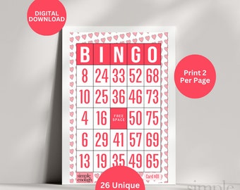 Valentines Day Bingo Cards | Printable Valentines Bingo| Valentines Bingo Cards | Red Pink Heart Bingo Cards | Galentines Bingo
