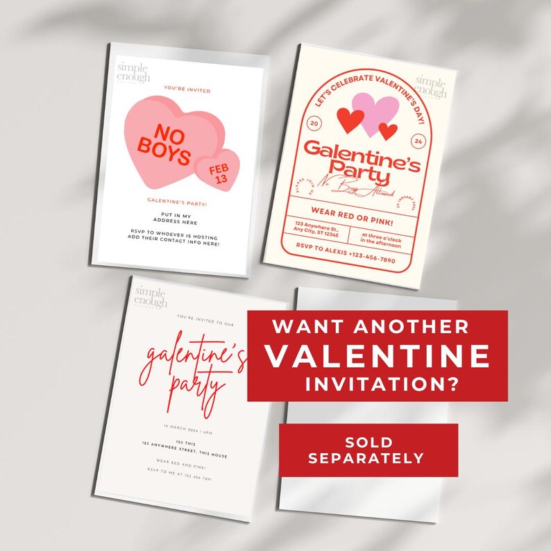 Puede incluir: Cuatro tarjetas de invitaci&oacute;n con tem&aacute;tica de San Valent&iacute;n. Una tarjeta dice "No Boys" con un dise&ntilde;o de coraz&oacute;n. Otra dice "Galentine's Party" con un dise&ntilde;o de coraz&oacute;n. La tercera tarjeta dice "Galentine's Party" con la fecha y la direcci&oacute;n. La cuarta tarjeta dice "&iquest;Quieres otra invitaci&oacute;n de San Valent&iacute;n?"