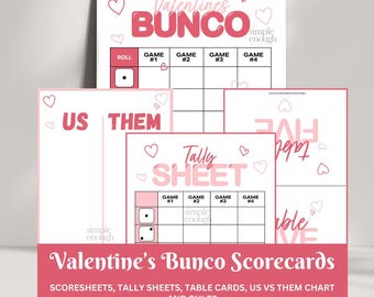 Valentine's Bunco Cards | Digital Printable Heart Bunco Cards | Digital Bunco Cards Tally Sheet Rules Table Scorecards | Girls Night Game