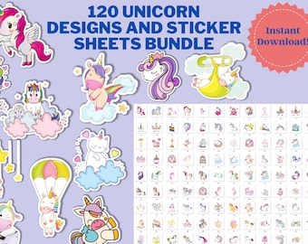 Best Bundle of 120 UNICORN Designs, Printable, Instant Download, 120 Unique Unicorn Designs