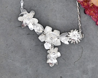 Unique Designer Jewel Handmade Necklace Bouquet of Flowers Silver