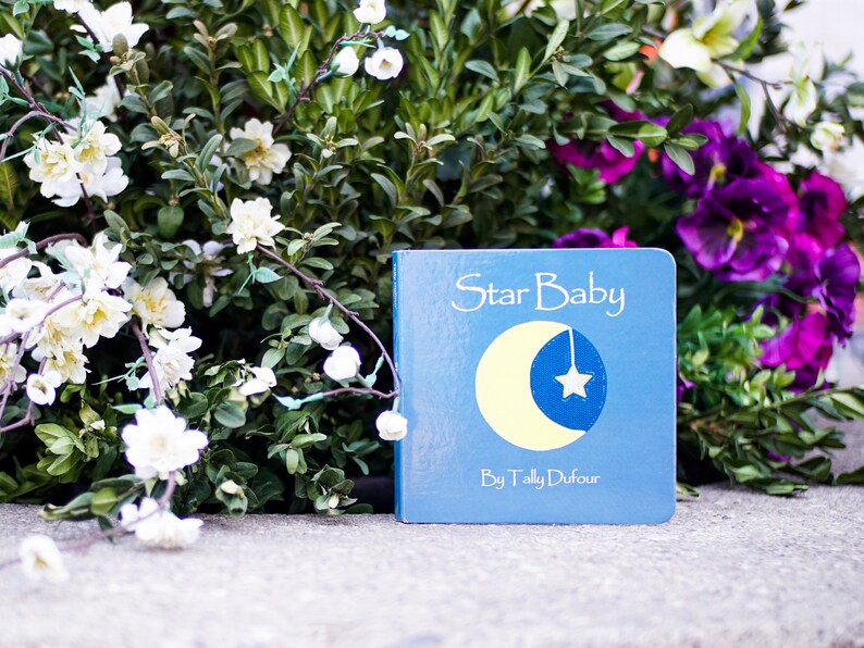 May include: A blue board book with the title "Star Baby" and the author "By Tally Dufour". The cover features a yellow crescent moon with a white star hanging from it.