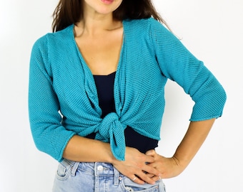 90s Teal Knit Shrug - Y2K Tie Front Crop Top