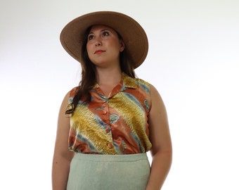 80s Abstract Sleeveless Blouse, Sunset Colors, Size Large