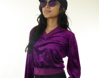 Vintage Purple Velvet Crop Top: 1970s Bishop Sleeve Sweater (XS)