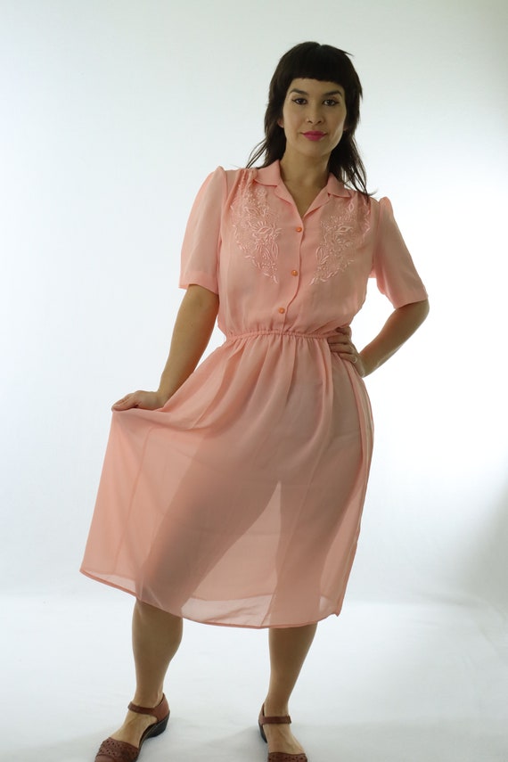 pink sheer shirt dress Light Romantic Sheer Cottagecore Peachy Pink 1980's Shirt Dress,  Embroidered Mildly Feminine Size Small to Medium