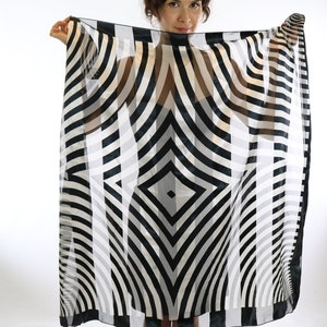 Trippy B&W Optical Illusion 80's large square striped silky geometric scarf