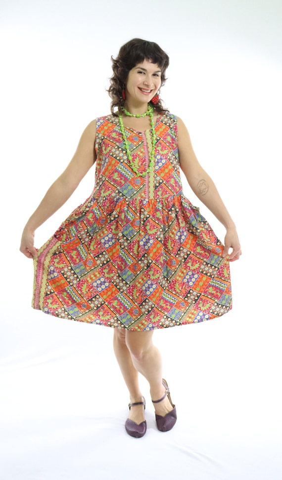 1970s Paisley Patchwork Cotton Mumu Dress, Babydoll Style (S-M) 1970s Paisley Patchwork Cotton Mumu Dress, Babydoll Style (S-M)