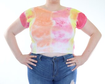 Upcycled Tye Dye Crop Sweater: 1980s Vintage Open Weave, L-XL
