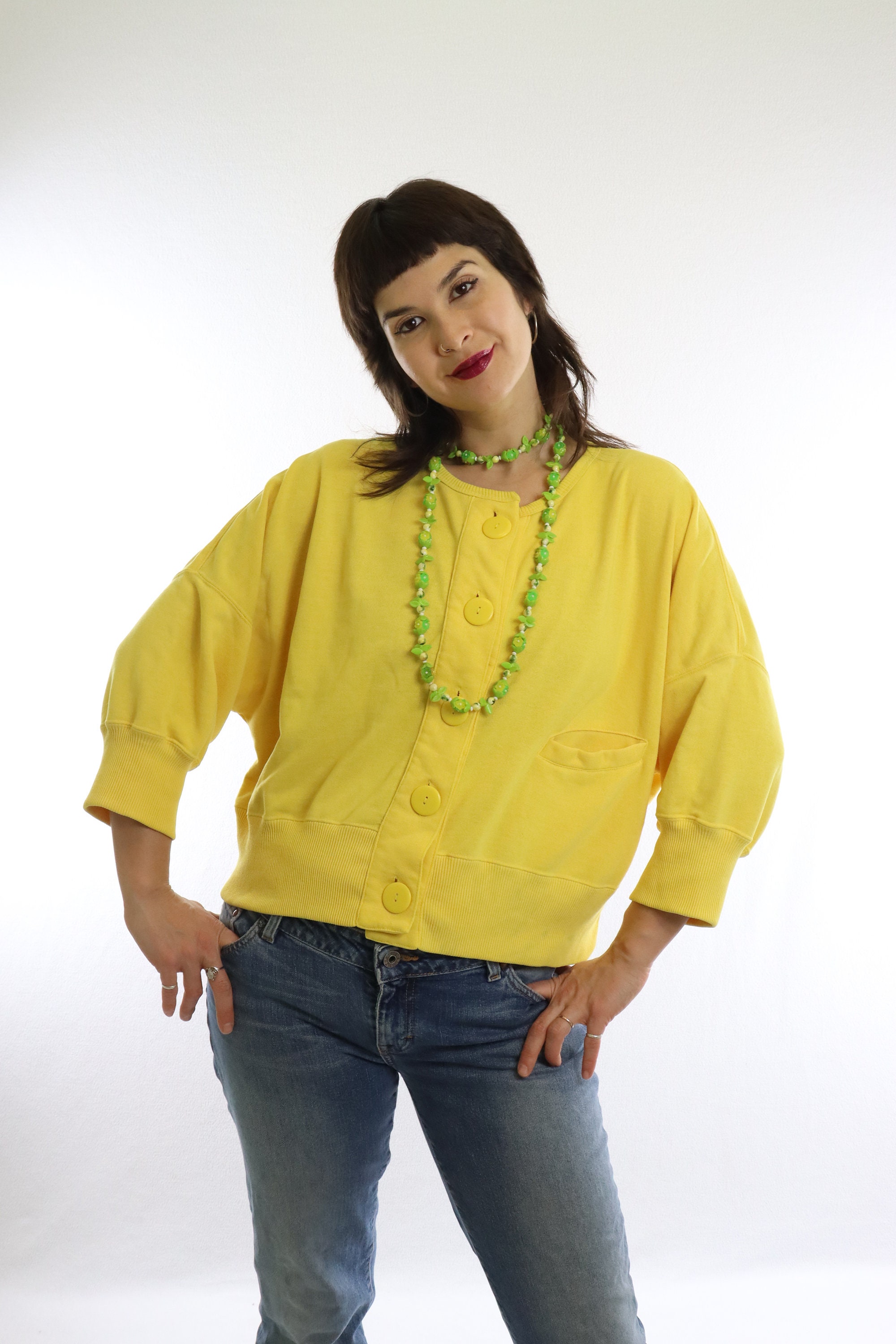 Oversized Bright Daffodil Yellow Baggy 1980's Cropped Cardigan With Giant  Buttons, Colorful Solid Loose Fit 