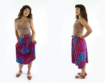 Vintage 80s Abstract Floral Midi Skirt, S-M with Pockets