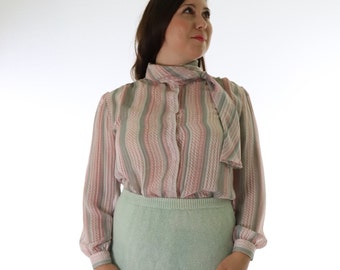 Blusa de secretaria a rayas transparentes estilo años 80, cuello tipo corbata rosa y gris, talla M/L