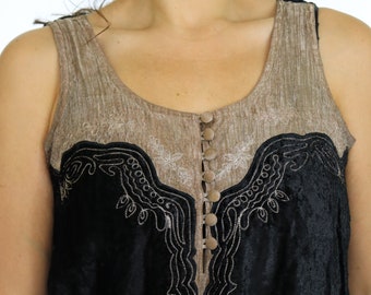 Top vintage de terciopelo arrugado, bordado bronce, talla mediana