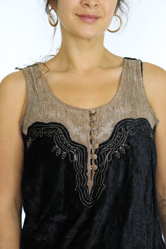 Vintage Crushed Velvet Top, Bronze Embroidery, Size Medium